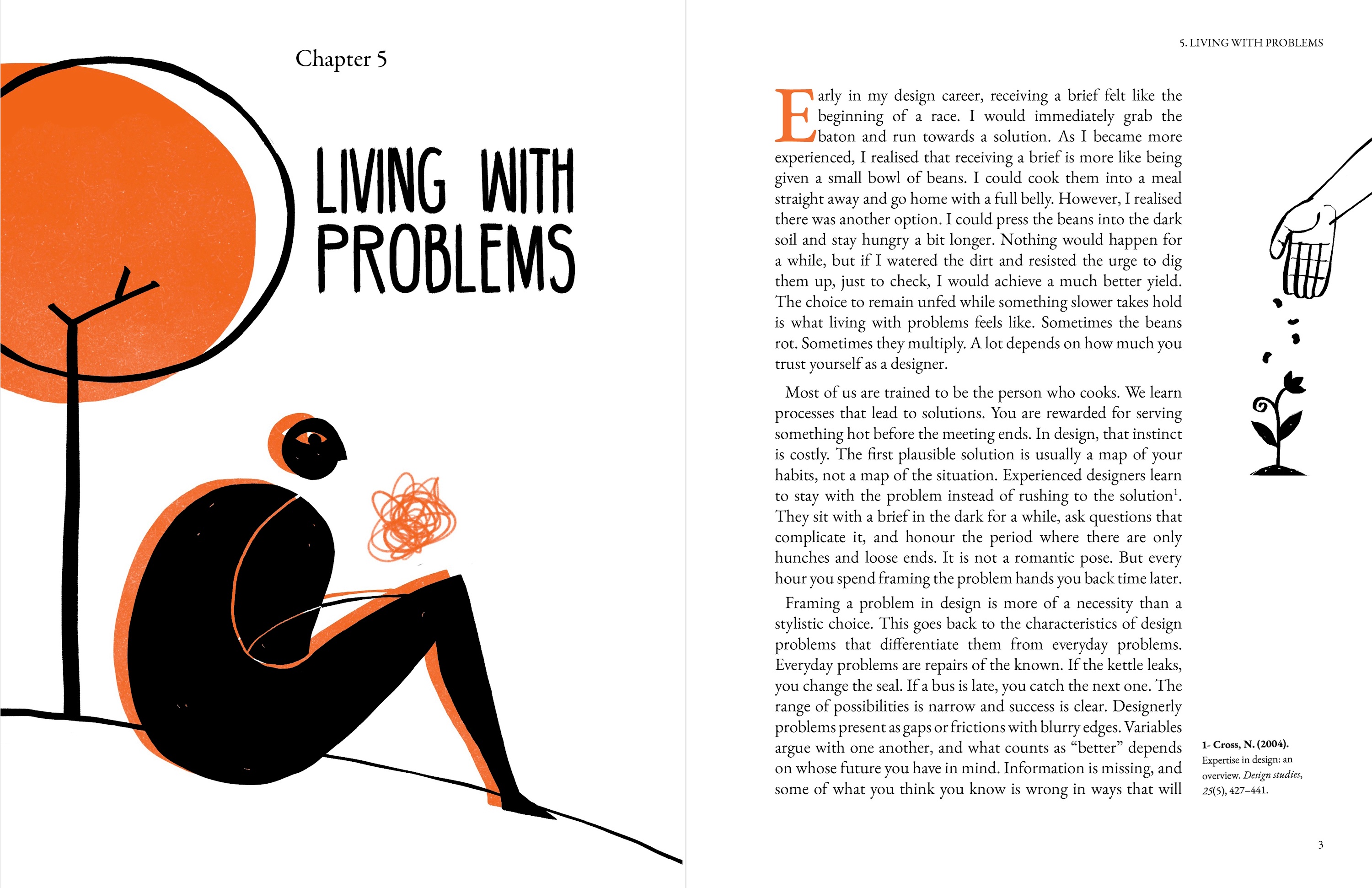Chapter 5 title spread. Left page: a hand-drawn illustration of a seated figure with a spiral of thought beside its head, resting beneath a large orange tree, with the heading 'Chapter 5' and hand-lettered title 'LIVING WITH PROBLEMS'. Right page: the opening paragraphs of the essay, with an illustration of a hand dropping seeds into soil beside a sprouting plant, headed '5. LIVING WITH PROBLEMS'.